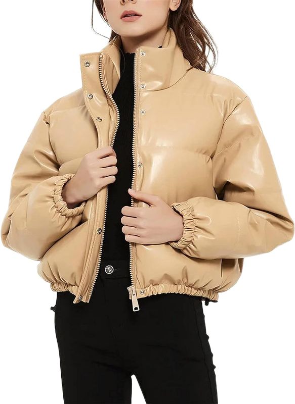 Photo 1 of Womens Faux Leather Puffer Jacket Winter Long Sleeve Black Short Bubble Coat size L