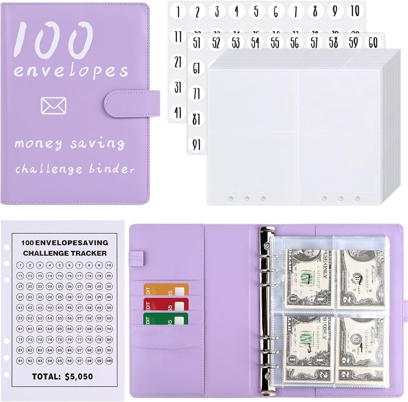 Photo 1 of 100 Envelopes Money Saving Challenge, 100 Envelope Challenge Binder, Easy and Fun Way to Save $5,050, 100 Day Envelope Challenge kit for Office, School, Home(Purple)