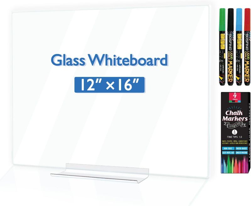 Photo 1 of  Glass Whiteboard, 16"x12" Glass Whiteboard for Wall, Small Frameless Dry Erase Whiteboard for Home, Office, Including 4 Chalk Markers, Eraser and Hanging Hardware