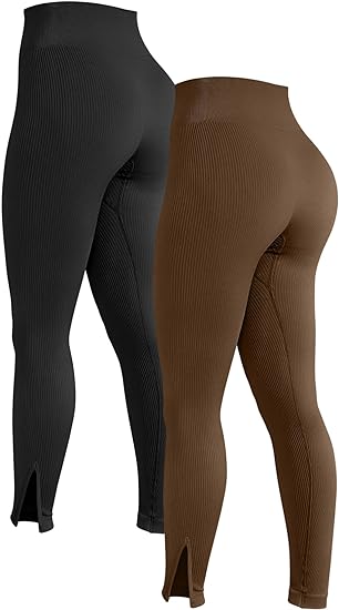 Photo 1 of Women 2 Piece Leggings Workout Tights Tummy Control Ribbed Gym Exercise Girl Yoga Pants Size S