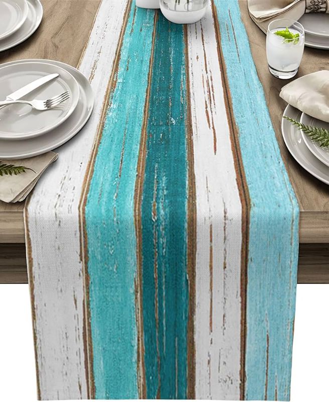 Photo 1 of Farmhouse Table Runner Teal Linen Table Runners,Long Coffee Dresser Runners for Bedroom, Rustic Waterproof Table Runner for Kitchen Dining Table Party (Wooden, 13"x36")