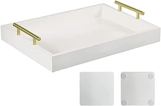 Photo 1 of Serving Tray, Deluxe Tray for Coffee Table with Polished Gold Metal Handles and 2 Coasters, Living Room Bathroom Organizer Modern Decorative Tray, for Storage Or Display (White)