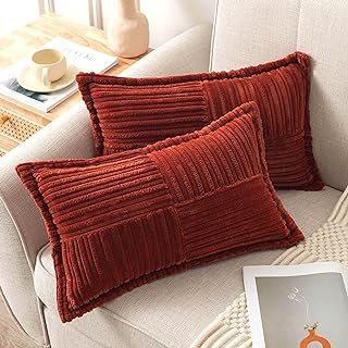 Photo 1 of UGASA Super Soft Stripe Pillow Covers Set of 2 Splicing Corduroy Textured Solid Decorative Cushion Covers with Broadside for Farmhouse Couch Bed Sofa Home Gift 20x20 Inch, Burnt Brick