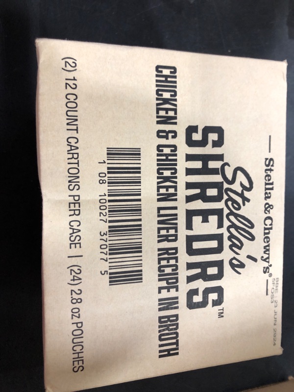 Photo 1 of Stella Shredrs chicken & chicken liver recipe in broth 12 count cartons per case 2.8 oz pouches exp date 06/23/24