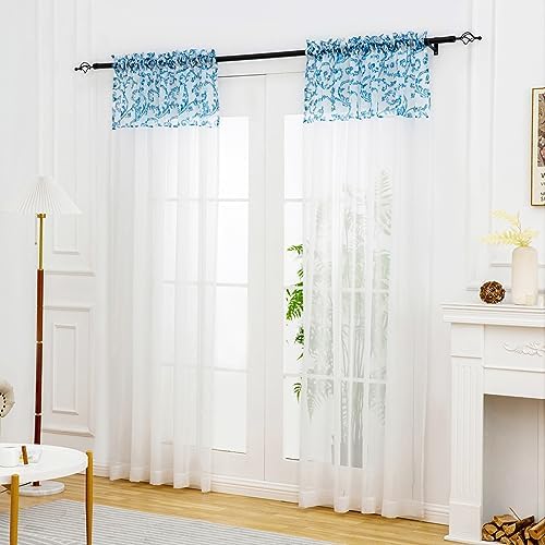 Photo 1 of L.Z.E Blue and White Sheer Curtains 84 Inches Long 2 Panels Set for Living Room, Rod Pocket Lightweight Airy Transparent Sheers Curtain for Dining Room Bedroom Patterned Window Treatments
