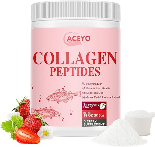 Photo 1 of EXP 04/14/2025 ACEYO 18 OZ Hydrolyzed Multi Collagen Peptides Powder Marine Collagen Supplement Grass Fed Hair Skin Nail Joint Support for Women Men Strawberry Flavor 