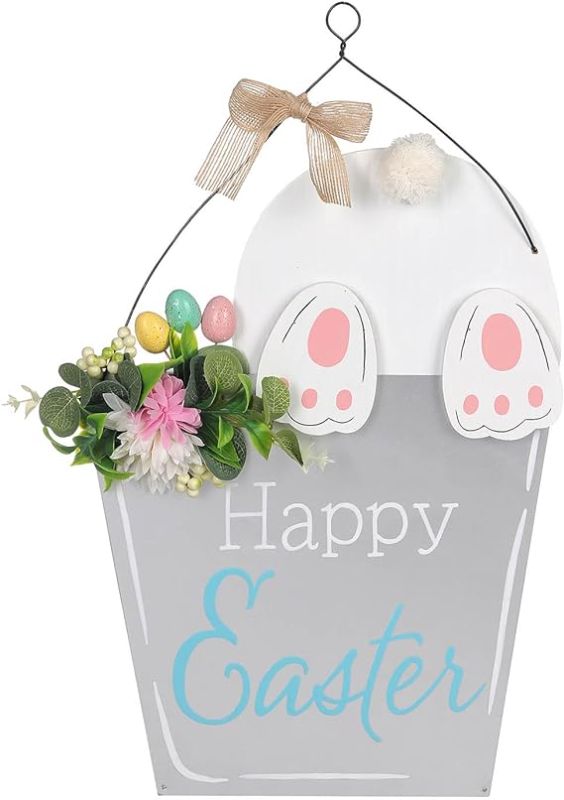 Photo 1 of Easter Decorations - 13.6" Easter Wooden Bucket Shaped Bunny Wall Wood Hanging Art Sign Decor, Easter Wreaths for Front Door Home Coffee Shop Bakery Farmhouse Window
