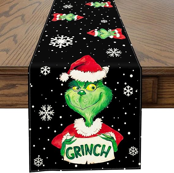 Photo 1 of Christmas Decor Table Runner for Kitchen Dining Table Thanksgiving Day Table Runner for Living Room Farmhouse Table Runners for Party Home Decor (Christmas Grinch Snowflake)
