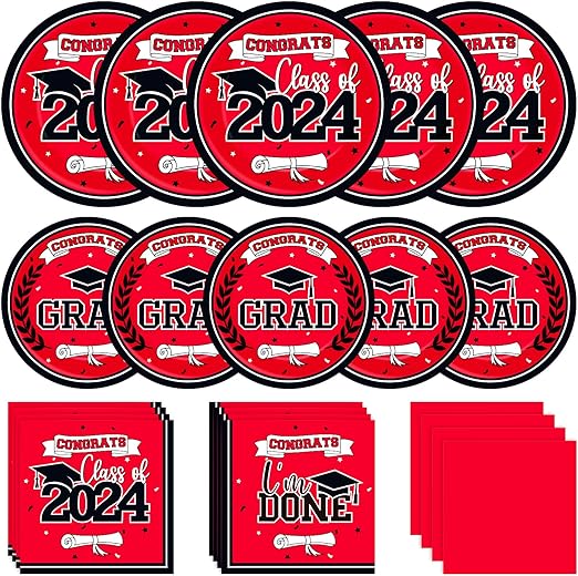 Photo 1 of MOORAY Graduation Party Plates and Napkins 2024 Graduation Party Supplies Red Disposable Paper Plates Luncheon Napkins Cocktail Napkins for Congrats Grad Party Decorations, Serve 50
