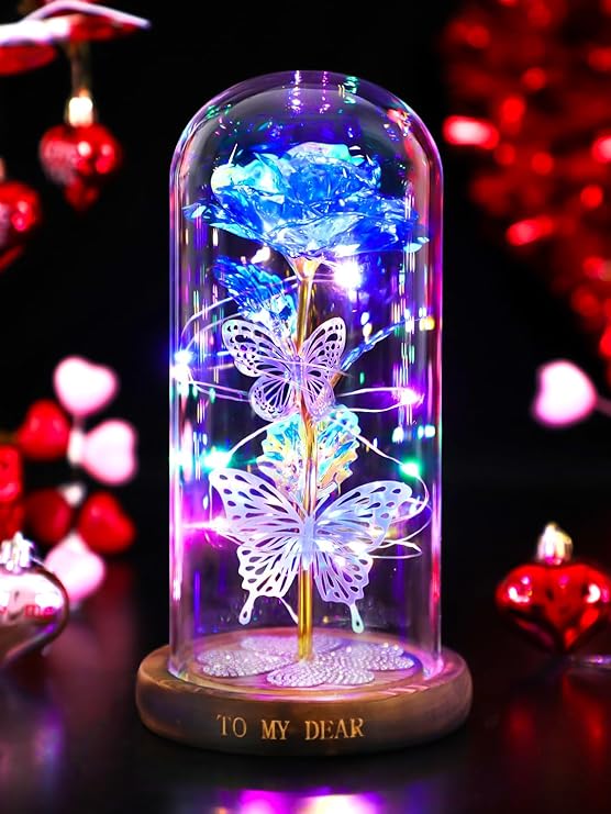 Photo 1 of Womens Gifts for Mothers Day Galaxy Rose Crystal Flower, Light Up Flowers in Glass Dome Birthday Gift Presents Ideas for Mom Grandma Wife Sister Friends (Blue)
