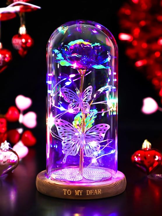 Photo 1 of Womens Gifts for Mothers Day Galaxy Rose Crystal Flower, Light Up Flowers in Glass Dome Birthday Gift Presents Ideas for Mom Grandma Wife Sister Friends (Purple)
