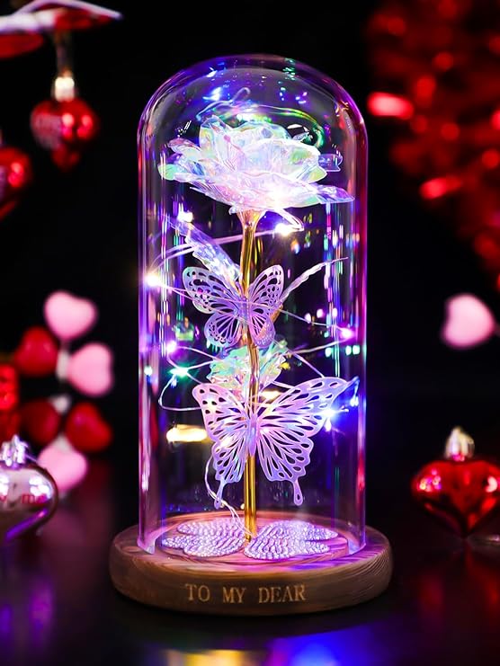 Photo 1 of Womens Gifts for Mothers Day Galaxy Rose Crystal Flower, Light Up Flowers in Glass Dome Birthday Gift Presents Ideas for Mom Grandma Wife Sister Friends (Rainbow)
