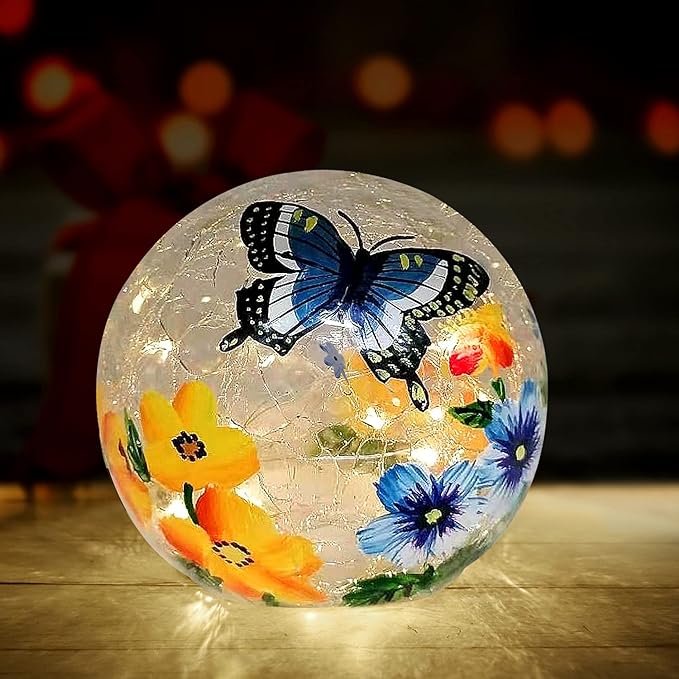 Photo 1 of 1 Pack Crackle Glass Ball Light Butterfly Floral Pattern LED Night Light Indoor Tabletop Decorative Sphere Lamp for Home Decor Christmas Birthday Wedding Girls Women's Gift 5.7 Inch