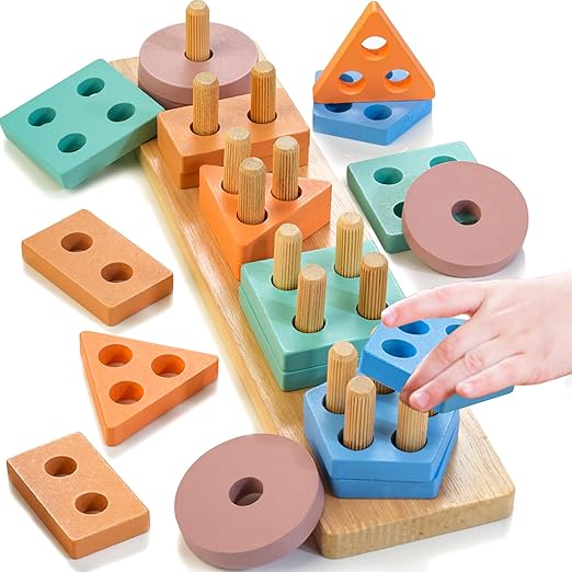 Photo 1 of HELLOWOOD Montessori Toys for 1 2 3 Years Old, Wooden Sorting & Stacking Toys for Toddlers 1-3, Education Preschool Toddler Puzzles Toys Gift for Baby Boy & Girl

