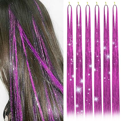 Photo 1 of Hair Tinsel Kit with 47INCH 1200 Strands Heat Resistant Glitter Tinsel Hair Extension, Sparkling Shinny Fairy Hair Accessories for Women Girls Kids Festival Party Dazzle (Pink) 