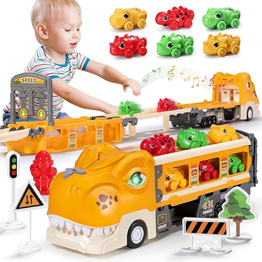 Photo 1 of Dinosaur Truck Toys for 2 3 4 5 6 7 Year Old Boy Toddler, Foldable Track & 2 Player Race Mode, Light & Sound Transport Carrier W/ 6 Dino Car & 12 Road Sign, Birthday Gift Idea for Kids Girls Yellow
