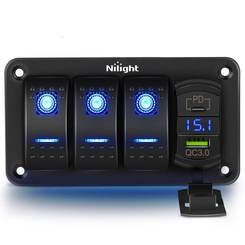 Photo 1 of  Nilight 3 Gang Rocker Switch Box 12V SPST ON Off Switch PD Type C and QC 3.0 USB