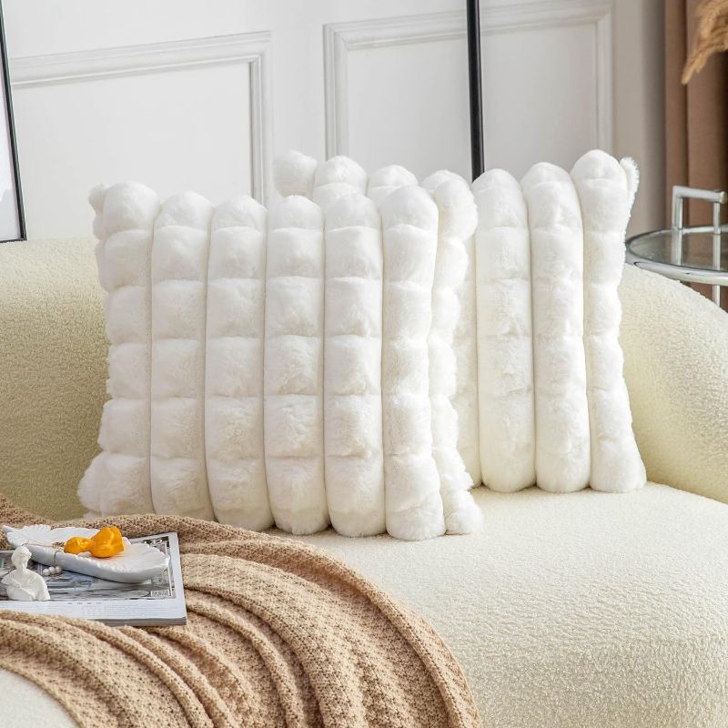 Photo 1 of  Neelvin Cream White Faux Fur Cozy Soft Plaid Decorative Throw Pillow Covers 22x22 inch Set of 2,Velvet Pillowcase Cushion Case for Sofa Couch 