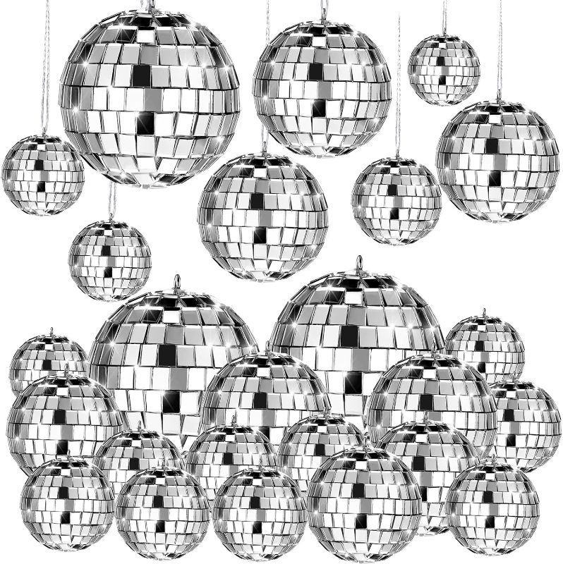 Photo 1 of 20 Pcs Hanging Mirror Disco Ball Ornaments Mardi Gras Assorted Silver Mini Glass Disco Balls Decoration Different Sizes Reflective with Rope(2.4 Inch, 2 Inch, 1.6 Inch, 1.2 Inch) 