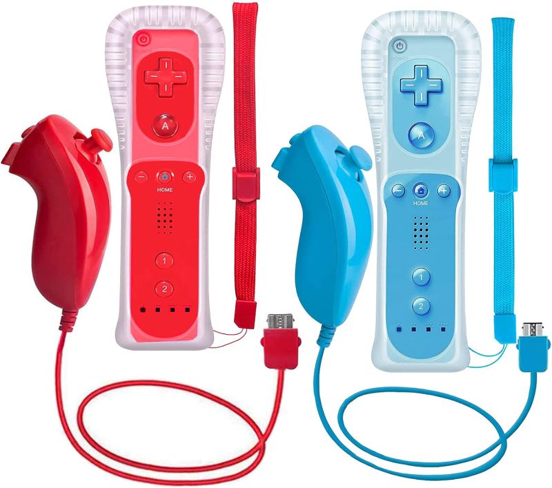 Photo 1 of ZeroStory 2 Packs Wireless Controller and Nunchuck for Wii and Wii U Console, Gamepad with Silicone Case and Wrist Strap (Red and Blue) 