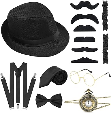 Photo 1 of  ELECLAND 10 Pieces 1920s Men Costume Accessories Set Roaring Retro Gangster Costume, Hat, Bow Tie, Pocket Watch, Suspender 