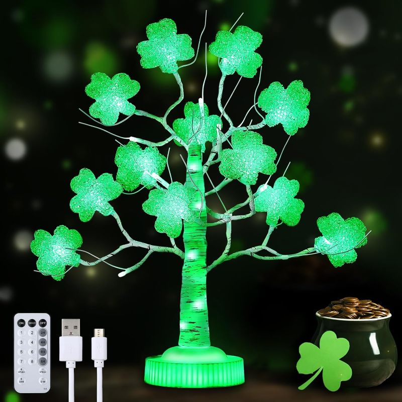 Photo 1 of  Enhon 18 Inch Lighted St Patrick's Day Tree Lights, Shamrock Tree Light with 8 Modes, Timer and Remote Control, Glowing Tree Trunk, St Patrick's Day Decorations for Irish Table Party (Big Shamrock) 