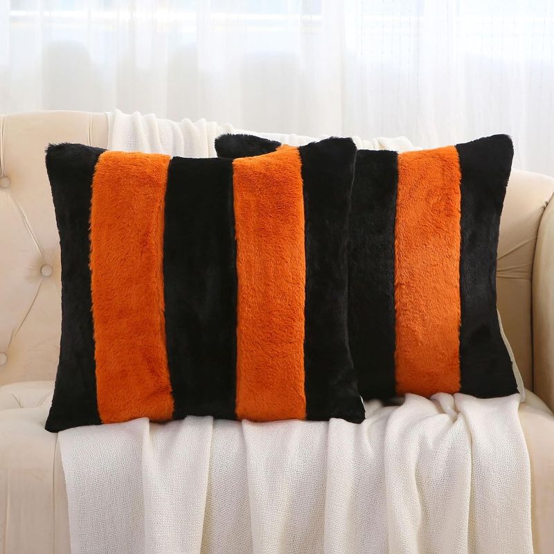 Photo 1 of  Black and Orange Striped Throw Pillow Covers 20x20 Inch Set of 2,Fall Decorations for Home,Decorative Pillow Cases,Furry Faux Rabbit Fur/Soft Velvet,Modern Decor for Couch 