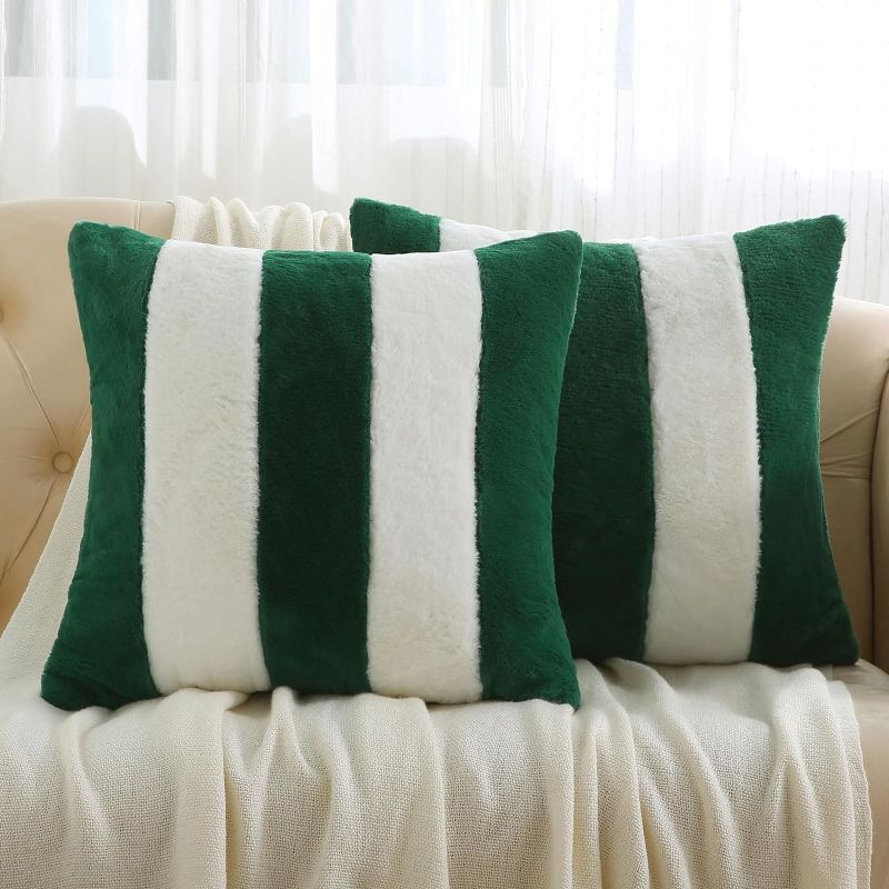 Photo 1 of  Green and White Striped Throw Pillow Covers 20x20 Inch Set of 2,Fall Decorations for Home,Decorative Pillow Cases,Furry Faux Rabbit Fur/Soft Velvet,Modern Decor for Couch 