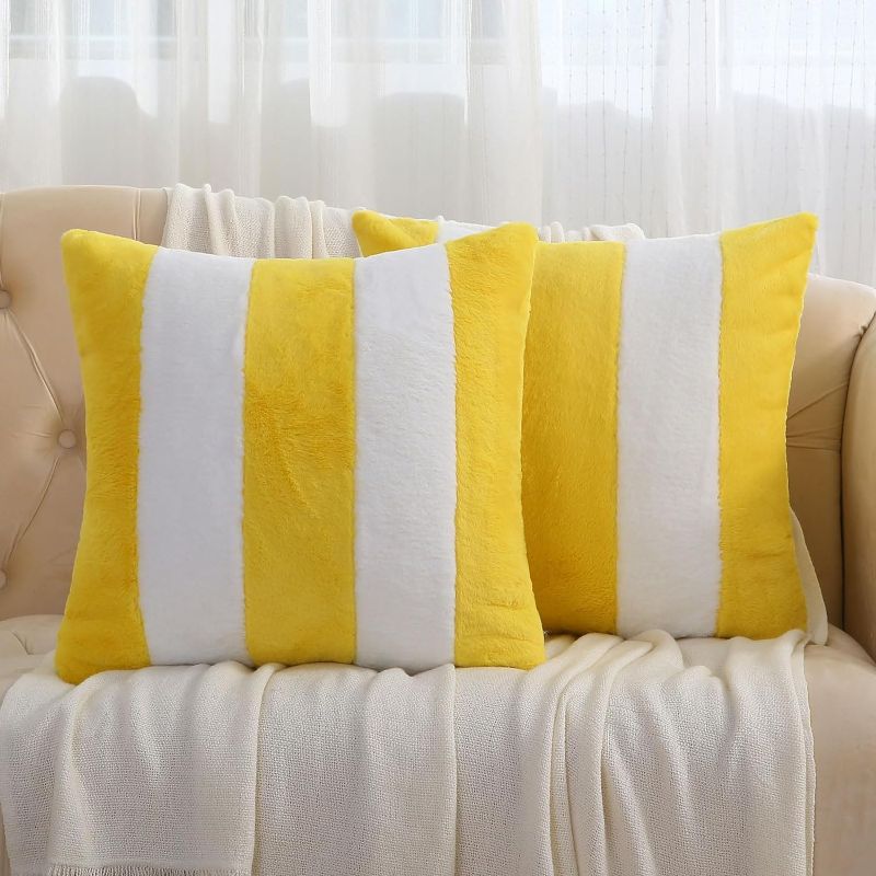 Photo 1 of  Yellow and White Striped Throw Pillow Covers 20x20 Inch Set of 2,Fall Decorations for Home,Decorative Pillow Cases,Furry Faux Rabbit Fur/Soft Velvet,Modern Decor for Couch 