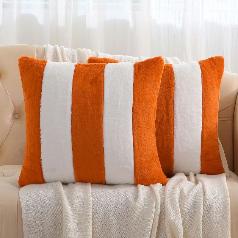 Photo 1 of  Orange and White Striped Throw Pillow Covers 18x18 Inch Set of 2,Fall Decorations for Home,Decorative Pillow Cases,Furry Faux Rabbit Fur/Soft Velvet,Modern Decor for Couch 