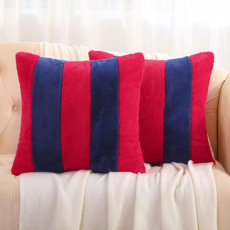 Photo 1 of  Red and Navy Blue Striped Decorative Throw Pillow Covers 26x26 Inch Set of 2,Fall Decorations for Home,Furry Faux Rabbit Fur/Soft Velvet,Large Euro Pillow Shams,Modern Decor for Couch 