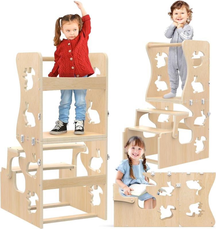 Photo 1 of Montessori Toddler Step Stool, 4-in-1 Foldable Toddler Tower for Learning- Safe and Foldable Toddler Kitchen Step Stool Helper Standing Tower - Promote Children's Learning and Independence
