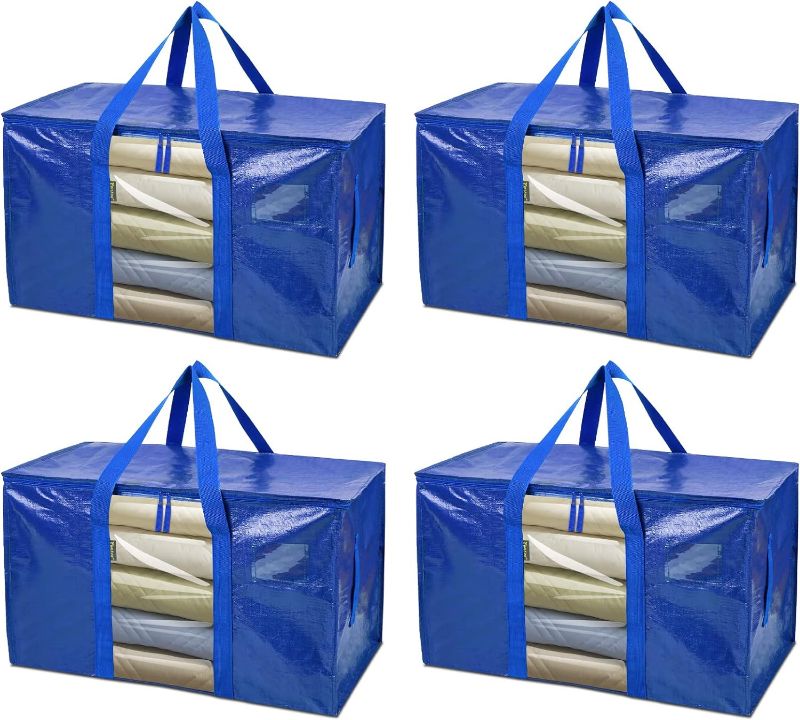 Photo 1 of  BALEINE 4-Pack Oversized Moving Bags with Reinforced Handles, Heavy-Duty Storage Tote Moving Supplies for Packaging, Camping (Blue w/Window, 4-Pack) 