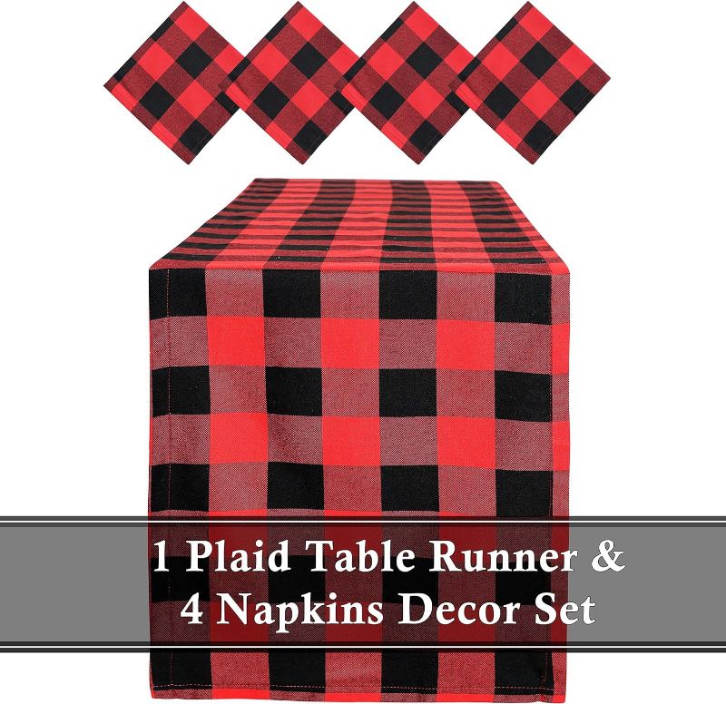 Photo 1 of  Table Runner and 4 Napkins - Red Plaid Buffalo Pattern for Christmas - 110 Inch x 14 Inch Runner and 17 Inch x 17 Inch Napkins - in Gift Box (Red Buffalo Check Plaid) 