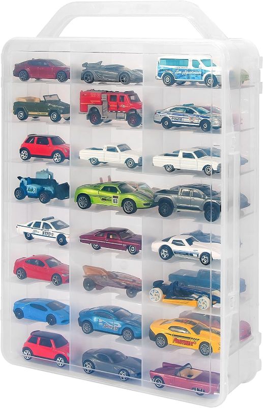 Photo 1 of KISLANE Double Sided Storage Case for 46 Hot Wheels, Matchbox Cars, Portable Transparent Storage Case with 46 Compartments, Case Only (Transparent)