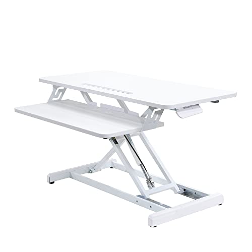 Photo 1 of Standing Desk Converter Tabletop Stand - 34.6" Adjustable Computer Workstation Tray for Tabletops – Ergonomic Sit to Stand Dual Monitor Laptop WHITE