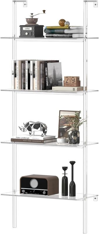 Photo 1 of CRTERICX Acrylic Ladder Bookshelf, 4-Tier Clear Wall Mounted Bookshelf with Open Shelves, Multipurpose Bookcase for Living Room, Bathroom, Office, Modern, 11.6" D x 23.4" W x 59.4" H 