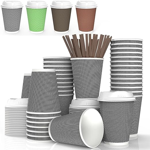 Photo 1 of [40 Packs] 12oz Insulated Triple Wall Disposable Coffee Cups with Lids and Straws, Leakfree Anti-slip Togo Paper Coffee Cups, Black and White
