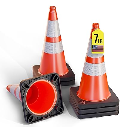 Photo 1 of (6 Pack) GECCO ™ 28 Inch 7 Lb Traffic Cones [PRO-Grade US Type] Heavy Tall Orange Caution Road Safety Cone Set for School Parking, Car Driving Training, Construction, Home - PVC Plastic & Black Base
