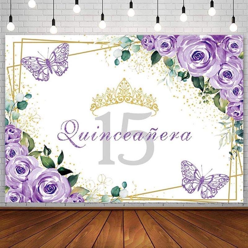 Photo 1 of 8x6ft Quinceañera Backdrop Mis Quince 15 Anos Birthday Party Decoration Supplies for Girl Princess Blue Floral Butterfly Golden Crown Photography Background Banner Photo Booth Studio Props 8x6ft Blue