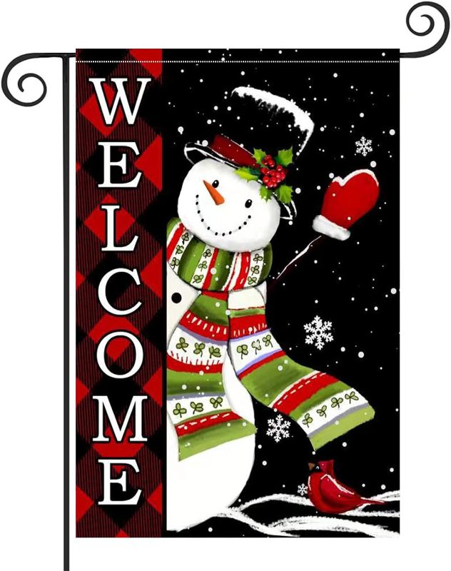 Photo 1 of Christmas Garden Flag, Winter Merry Christmas Welcome Snowman Flag, 28 * 40 Inch Buffalo Plaid Double Sided Vertical Burlap Snowflake Garden Flags Yard Decorations Banners Outdoor Xmas Decor 