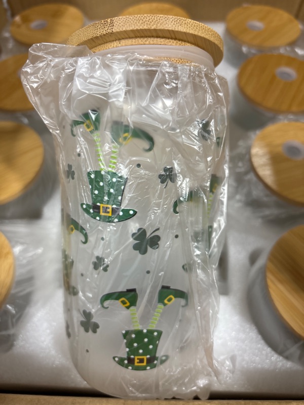 Photo 3 of 12 Set St Patrick's Day Glass Cups 16oz Drinking Glasses with Lids and Straws,Irish Shamrock Can Shaped Iced Coffee Cup for Lucky St Patrick's Day Party Supplies Gifts(Cute Style)