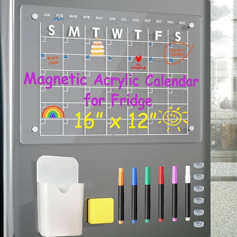 Photo 1 of Magnetic Acrylic Calendar for Fridge, 12”x16” Clear Calendar for Fridge, Dry Erase Calendar for Fridge, Includes 5 Markers, Magnetic Pen Holder, Rubber Protector and 1 Eraser (Monthly+ Blank Memo)