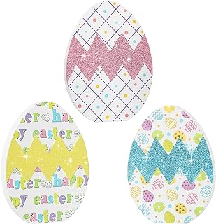 Photo 1 of 3 Pieces Glitter Easter Egg Table Wooden Signs,Happy Easter Tiered Tray Decor, Double Printed Decor for Easter Party Desk Office Home Farmhouse Gift?Ripple?