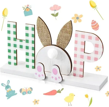 Photo 1 of  Easter Wooden Table Decorations Signs Rustic Hop Bunny Tabletop Centerpiece Decor Spring Detachable Hop Tiered Tray Sign for Holiday Office Party Gift Supplies