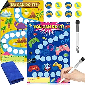 Photo 1 of 2 Pcs Magnetic Dry Erase Reward Chart for Kids Good Behavior Chart for Kids at Home Reward Chart for Toddlers 2-4 Years Chore Chart Responsibility Chart in Video Game and Dinosaur Design