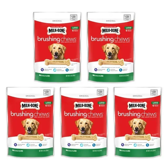 Photo 1 of *Best By : 03/31/2024* Milk-Bone Brushing Chews Daily Dental Dog Treats, Large, 8.1 Ounces, 6 Bones Per Bag (Pack of 5)
