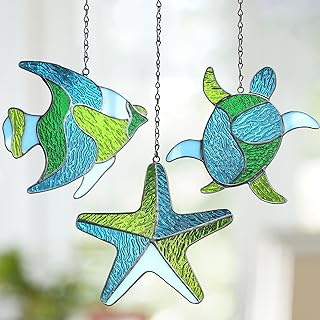 Photo 1 of Sea Stained Glass Window Hanging, Marine Life Set with Fish Starfish Turtles, Stained Glass Decor for Window Wall, Handmade Birthday Gift for Grandma Mom Friends