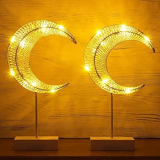 Photo 1 of 2 Pcs Moon Shape Ramadan Desk Lamp LED Cordless Battery Operated Crescent Moon Light Winding Thread Warm Crescent Light Bedside Desktop White Nightstand Decoration for Living Room Bedroom
