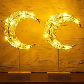 Photo 1 of 2 Pcs Moon Shape Ramadan Desk Lamp LED Cordless Battery Operated Crescent Moon Light Winding Thread Warm Crescent Light Bedside Desktop White Nightstand Decoration for Living Room Bedroom